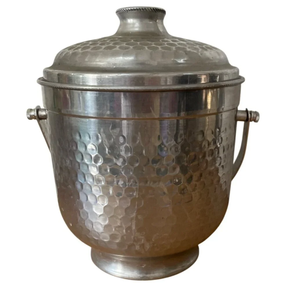 Vintage MCM Ice Bucket Nasco Italy Hammered Aluminum w Lid & Handle Retro Decor